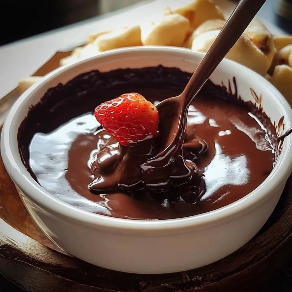 Delicious chocolate fondue with fresh fruits and marshmallows for dipping
