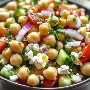 Cottage cheese chickpea salad bowl topped with fresh vegetables