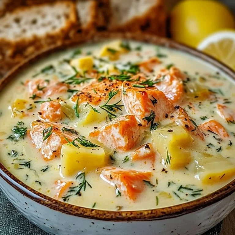 Bowl of cozy salmon chowder with cream and herbs