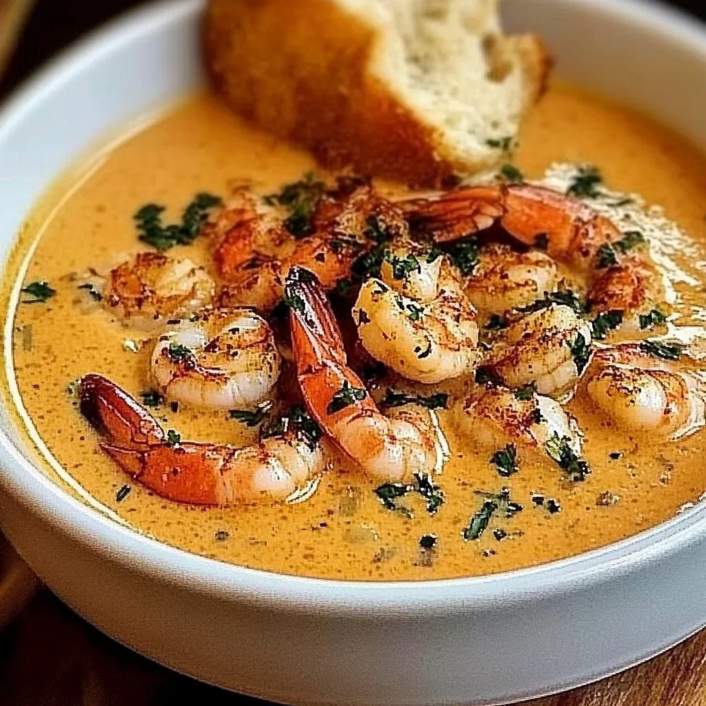 Delicious creamy crab and shrimp seafood bisque served in a bowl
