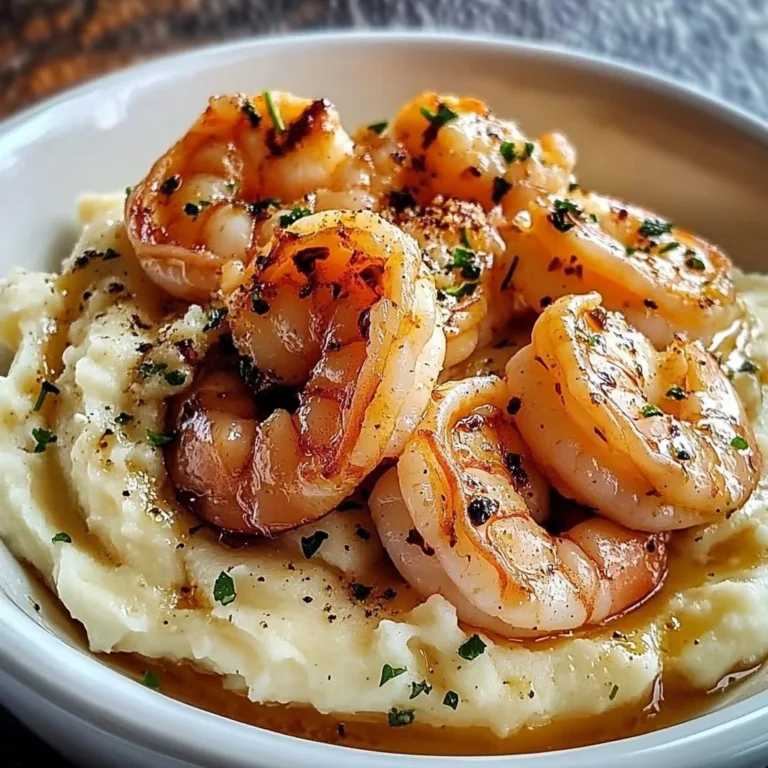 Creamy garlic shrimp dish served over mashed potatoes