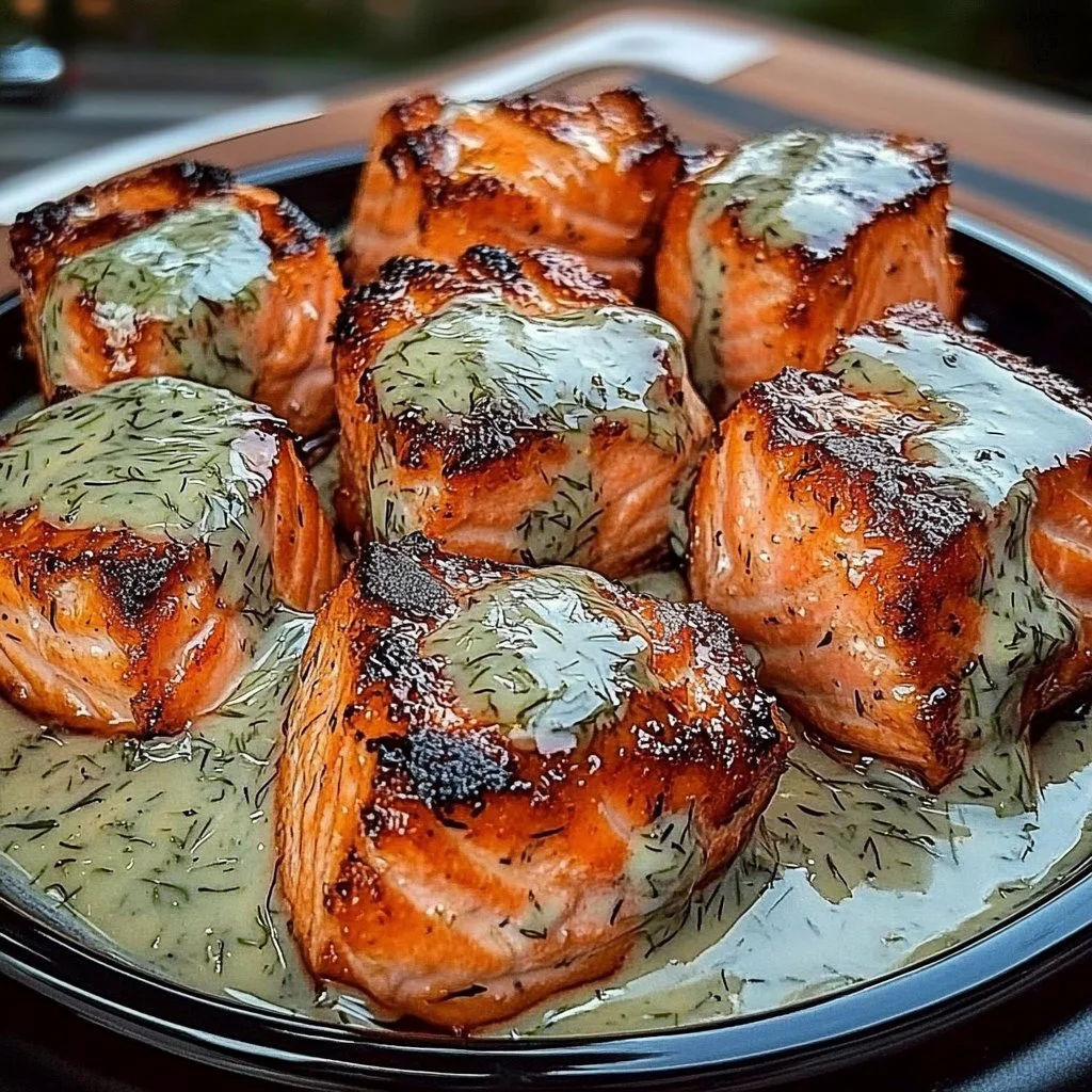 Crispy honey salmon bites served with zesty dill sauce
