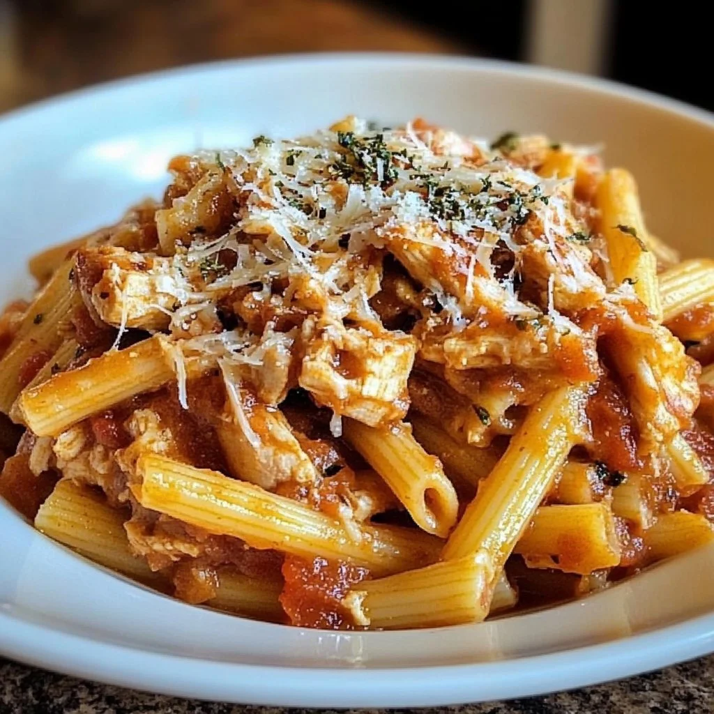 Delicious crockpot chicken pasta ready to serve with herbs and cheese