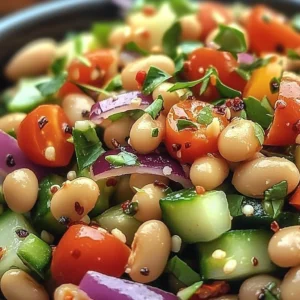 Colorful Everything Bagel Bean Salad topped with seasoning and fresh ingredients