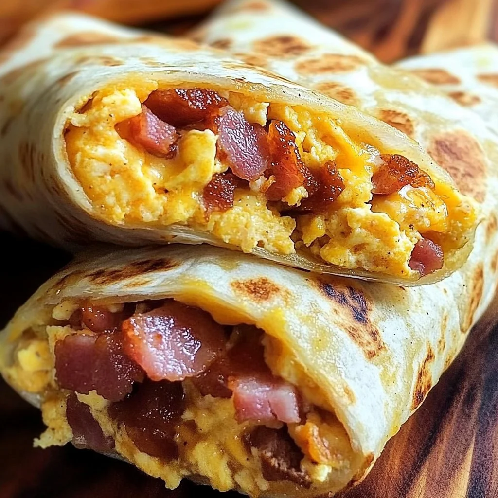 Fluffy bacon and egg breakfast burritos served on a plate with fresh ingredients