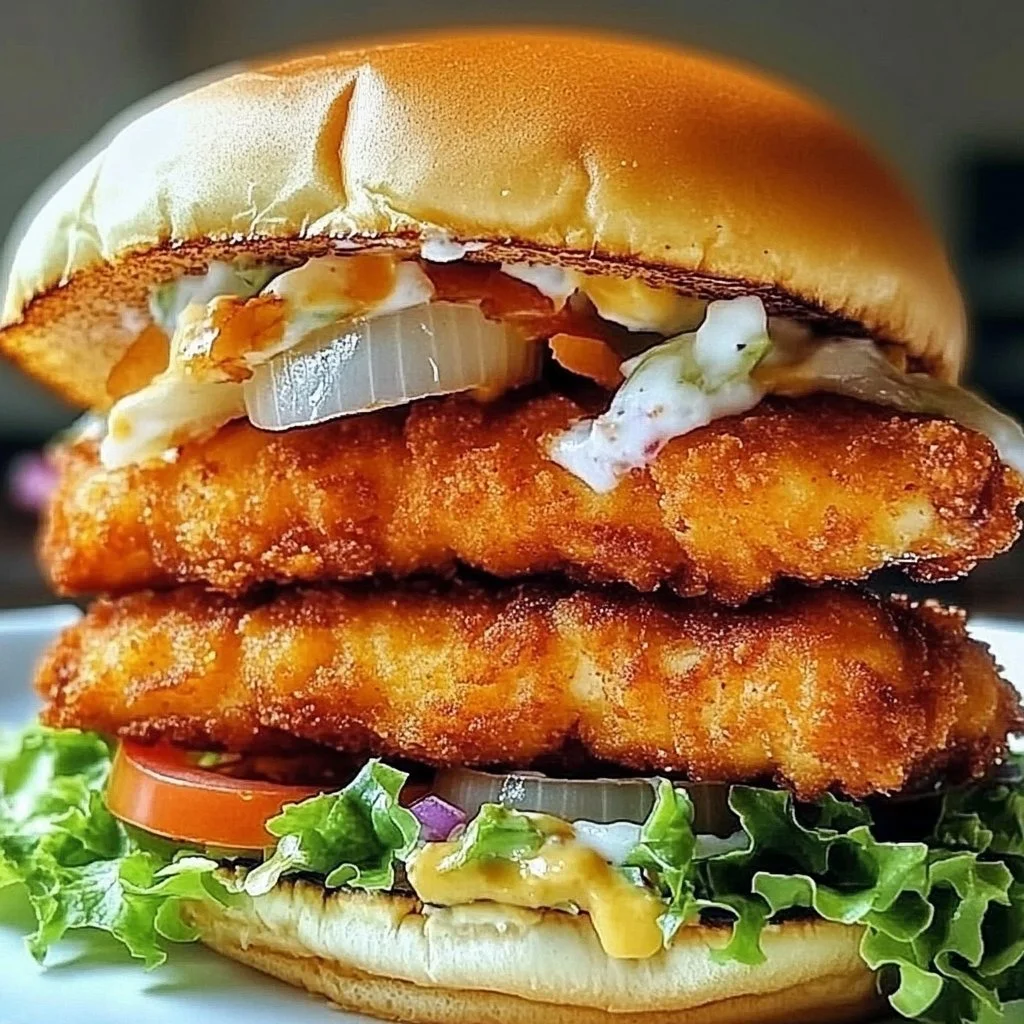Crispy fried fish burger served with fresh toppings and garnishes.
