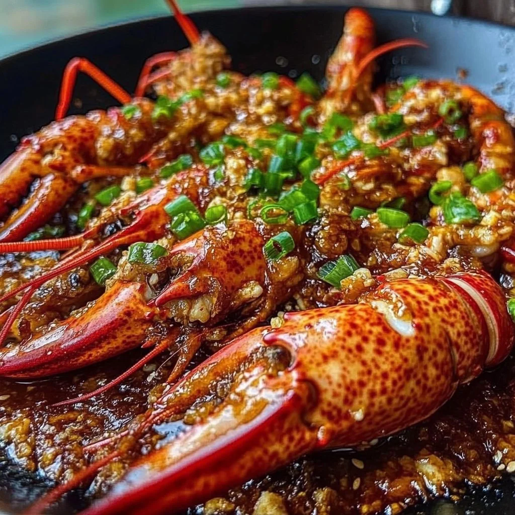 Garlic and Ginger Asian Lobster dish garnished with herbs