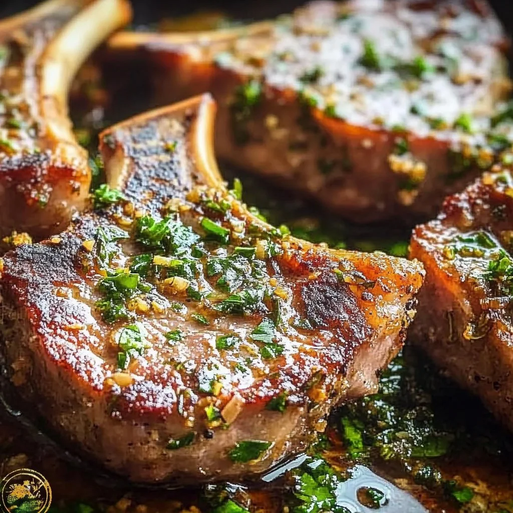 Garlic and herb crusted lamb chops served with fresh herbs