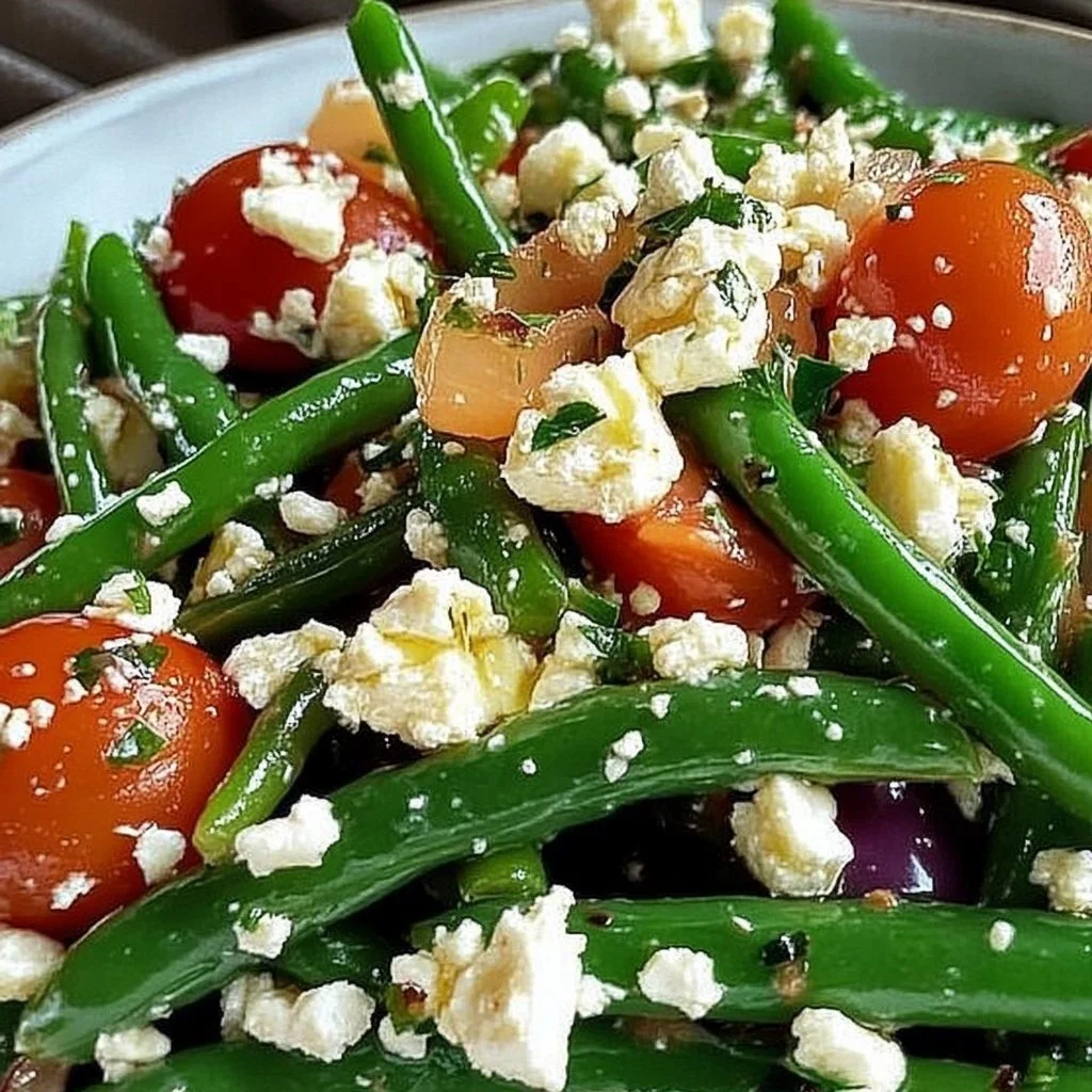 A vibrant Green Bean Feta Salad with fresh ingredients and enticing flavors