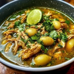 Bowl of Green Chicken Pozole garnished with fresh cilantro and radishes