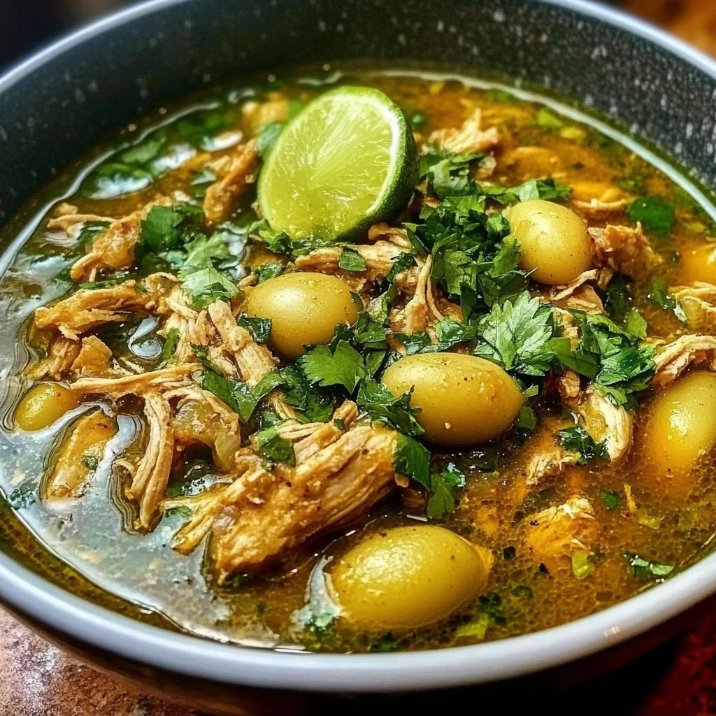 Bowl of Green Chicken Pozole garnished with fresh cilantro and radishes