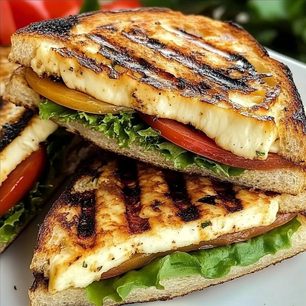 Delicious grilled halloumi sandwiches with various toppings and sauces.
