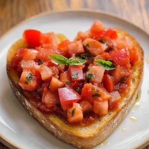 Heart-shaped bruschetta topped with fresh tomatoes and basil