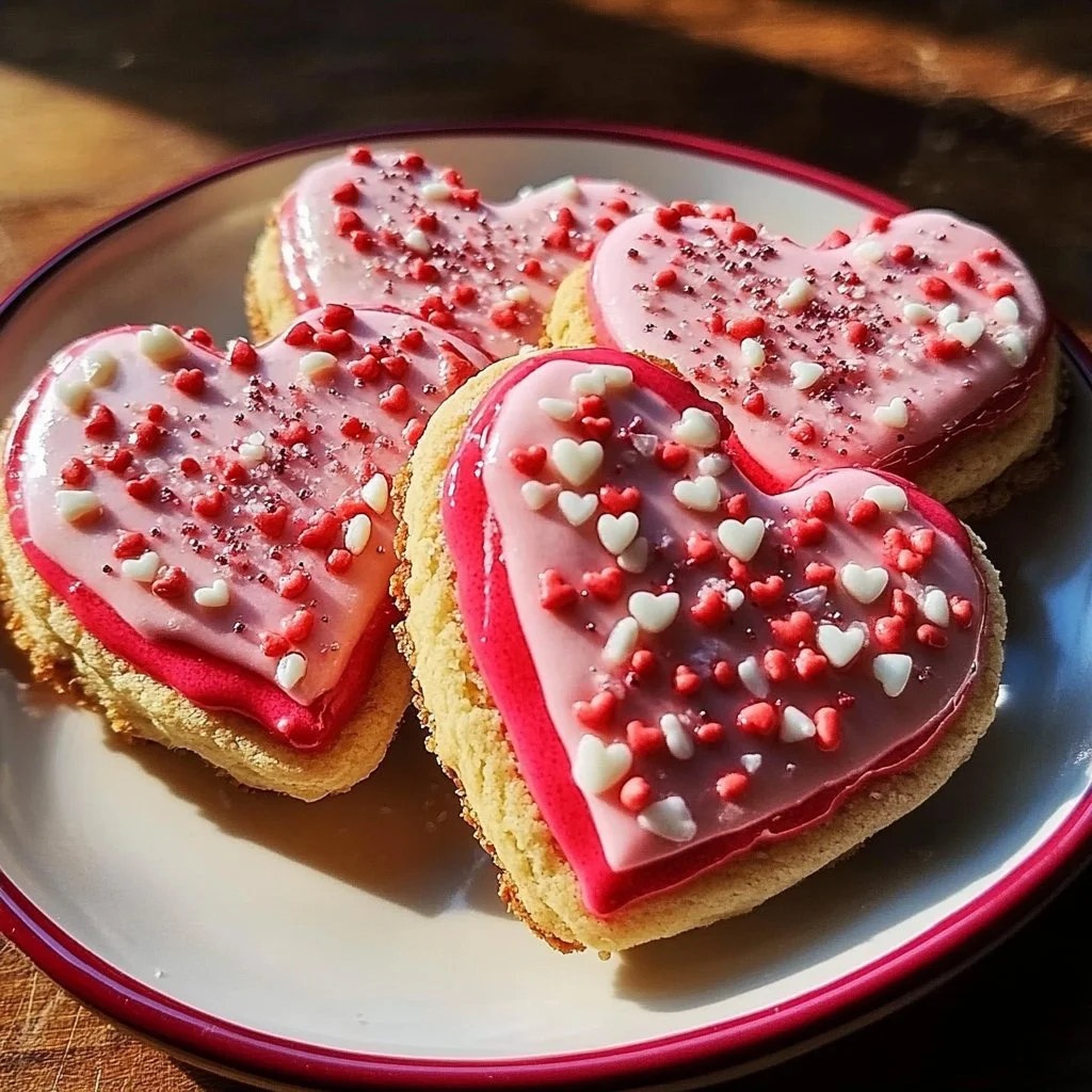 Heart-shaped Valentine's cookies decorated with pink icing and sprinkles