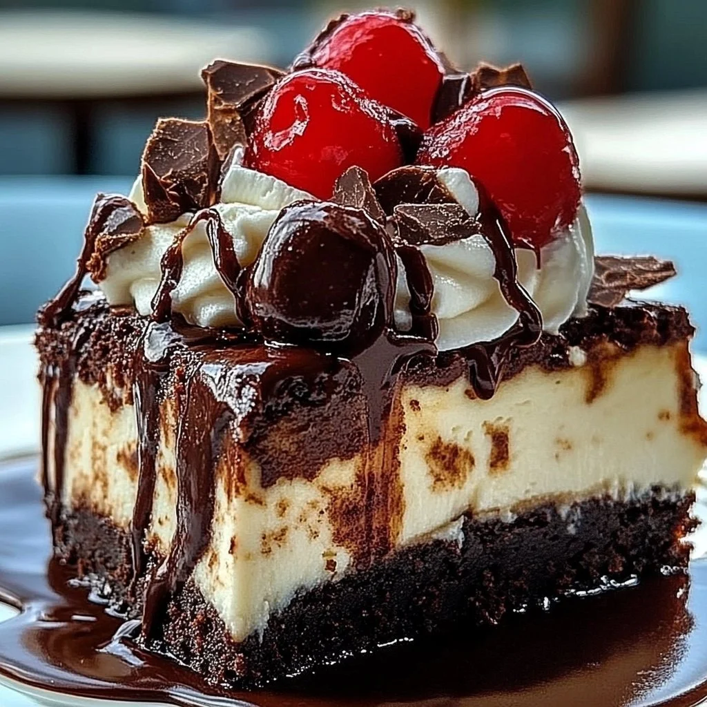 Hot Fudge Sundae Brownie Cheesecake topped with fudge and whipped cream