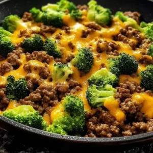 Keto hamburger broccoli skillet dish with flavorful seasoning.