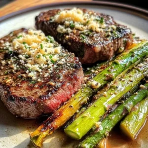 Delicious keto ribeye steaks served with cheesy asparagus on a plate