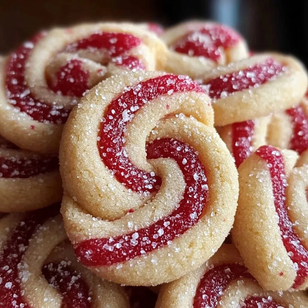 Plate of festive Magic Candy Cane Cookies decorated with red and white stripes