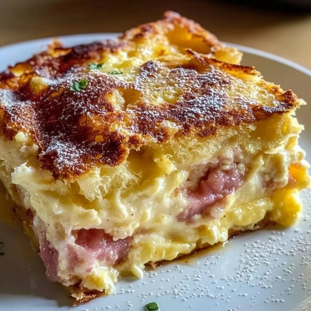 Monte Cristo Breakfast Casserole with layers of bread, ham, and cheese