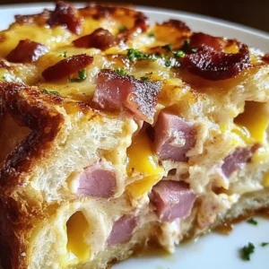 Monte Cristo Breakfast Casserole with ham, cheese, and French toast layers