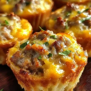 Delicious homemade Sausage Breakfast Muffins on a wooden cutting board.