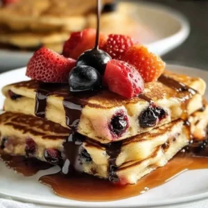 Delicious sheet pan pancakes with fruit and chocolate on a baking sheet