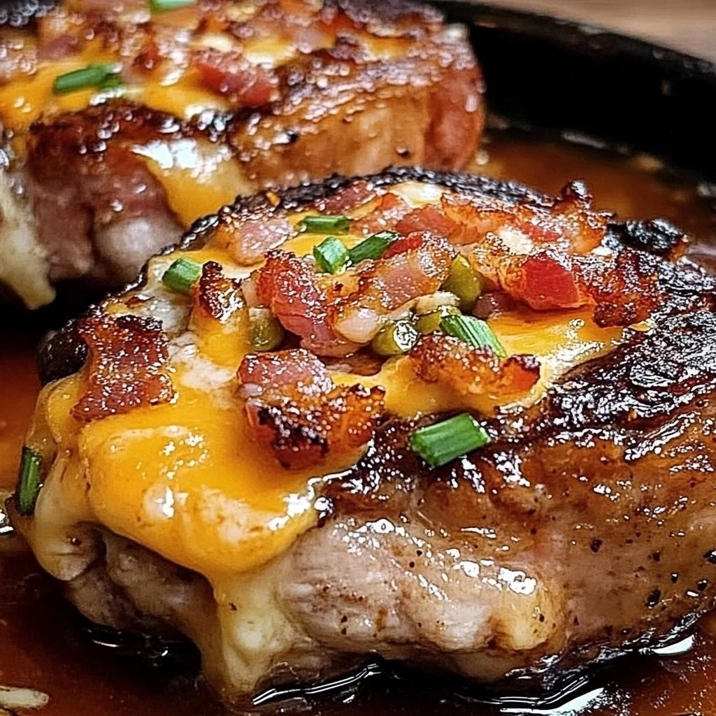 Smoked bacon triple-cheese stuffed pork chops on a plate