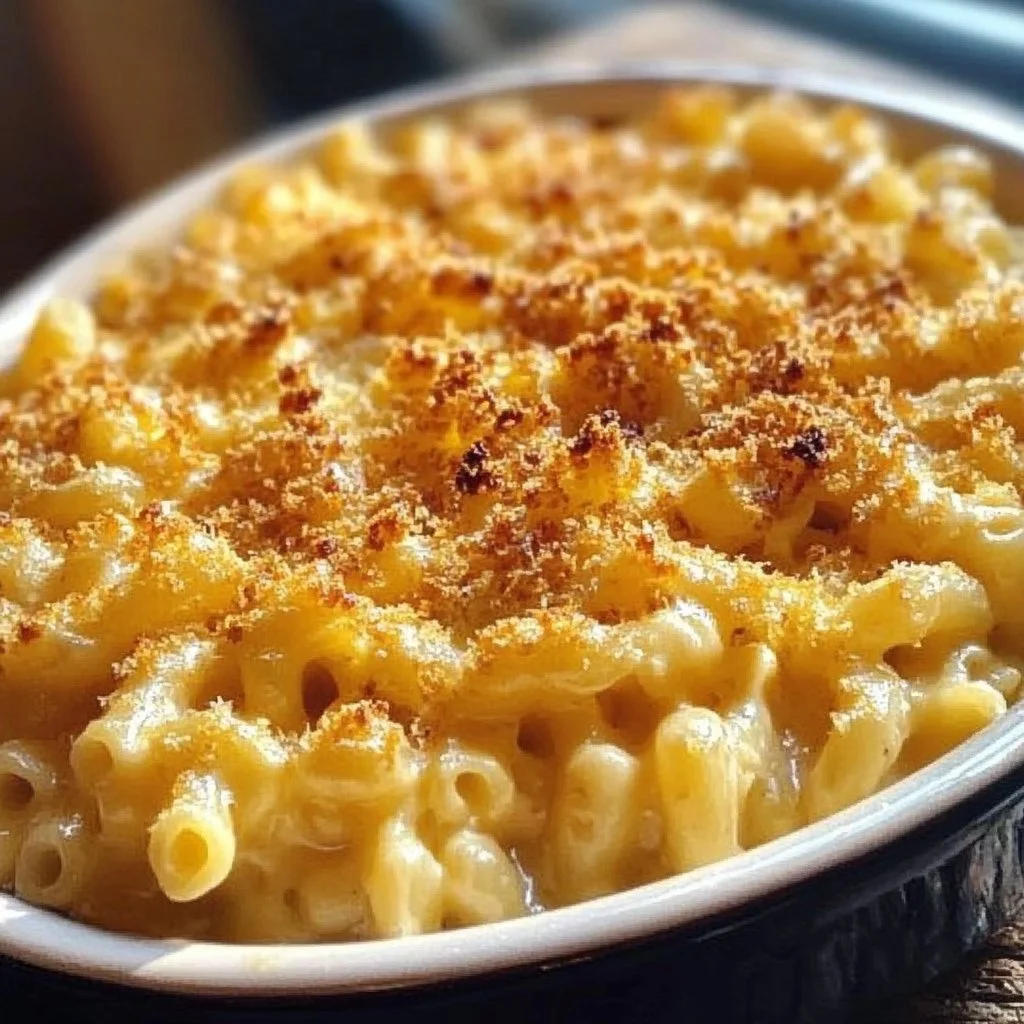 Bowl of creamy Smoked Gouda Mac and Cheese with a golden crispy topping