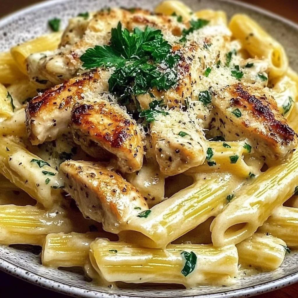 Creamy Parmesan Chicken Pasta served in a bowl with a fork
