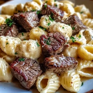 Steak bites with shell pasta in garlic butter Alfredo sauce