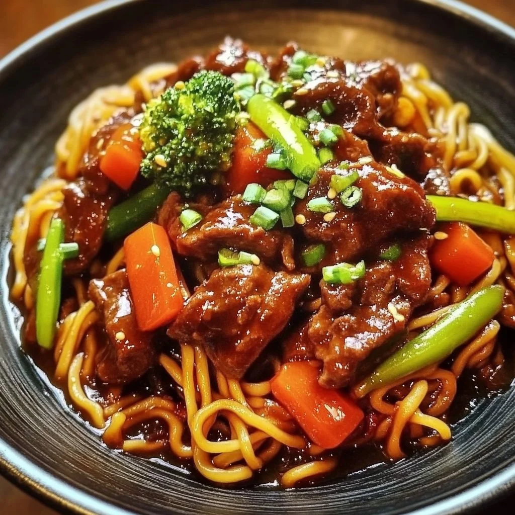 Delicious sticky beef noodles served in a bowl with fresh herbs and vegetables