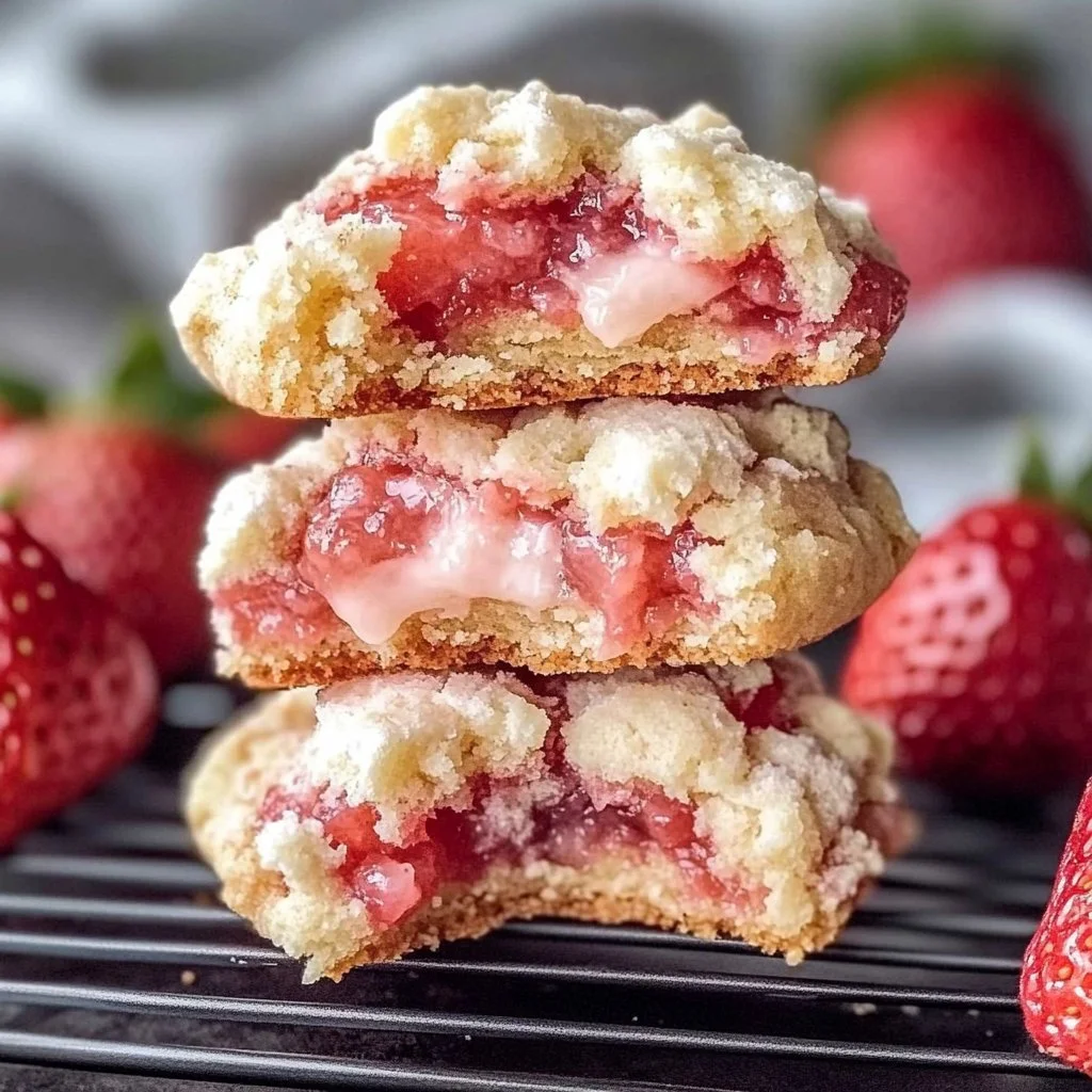 Freshly baked strawberry cheesecake cookies made with cake mix