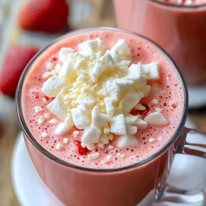 Delicious strawberry hot chocolate topped with whipped cream and fresh strawberries