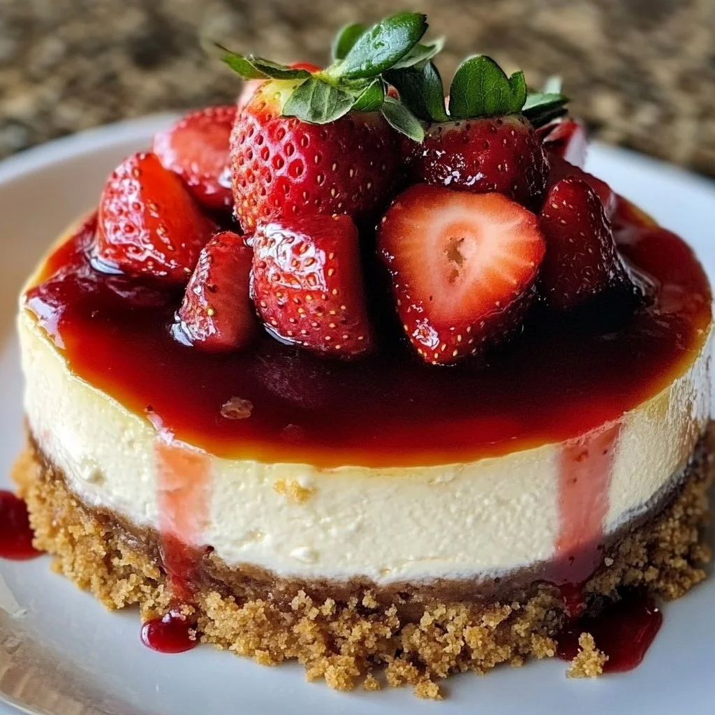 Delicious strawberry topped cheesecake dessert on a white plate