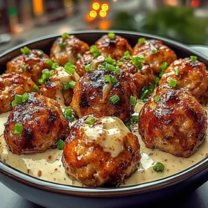 Delicious sweet chili chicken meatballs garnished with sesame seeds and spring onions.