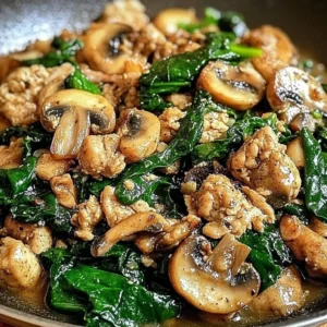 Turkey Spinach Mushroom Skillet dish with vibrant greens and savory turkey