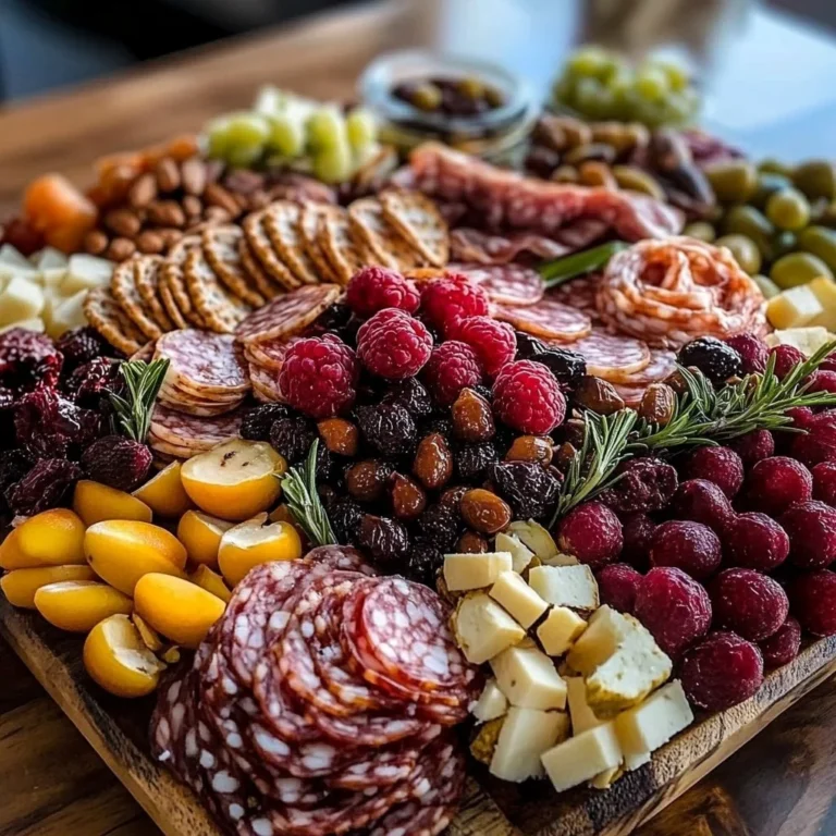 Valentine charcuterie board featuring a variety of cheeses, meats, and fruits.