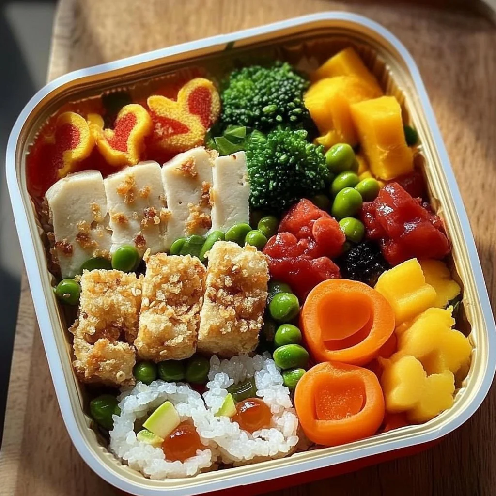 Delicious Valentine's Bento filled with heart-shaped food treats and decorations.