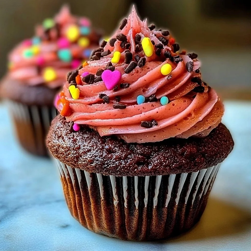 Beautifully decorated Valentine's Cupcakes with hearts and pink frosting.