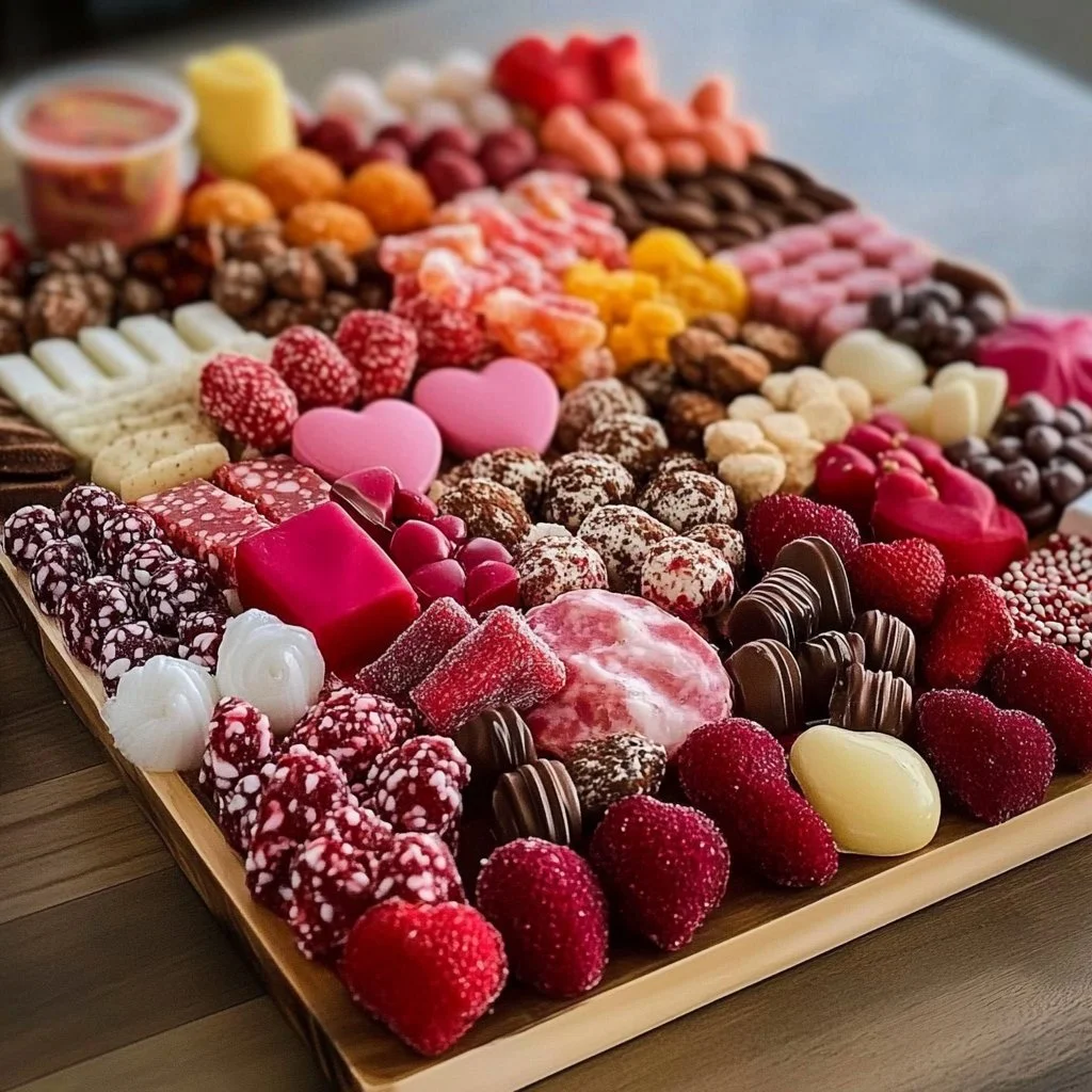 Valentine's Day candy charcuterie board with assorted sweets and treats