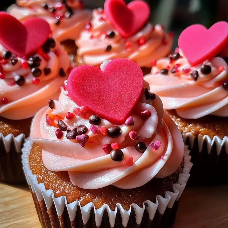 Decorated Valentine's Day cupcakes with hearts and pink frosting.