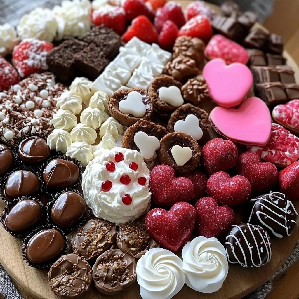 Valentine's Day dessert board platter filled with chocolates, fruits, and treats