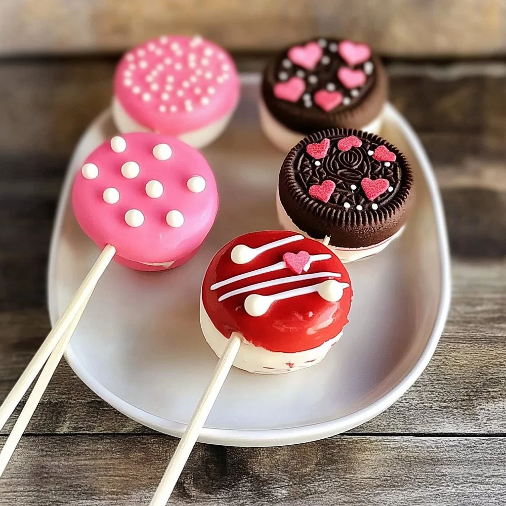 Valentine's Day Oreo Pops decorated with hearts and sprinkles