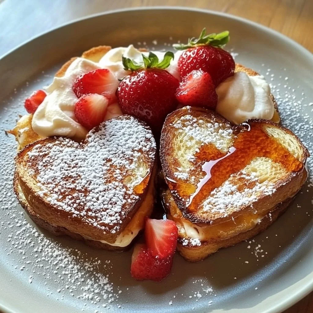Romantic heart-shaped breakfast idea for Valentine's Day with pancakes and strawberries.