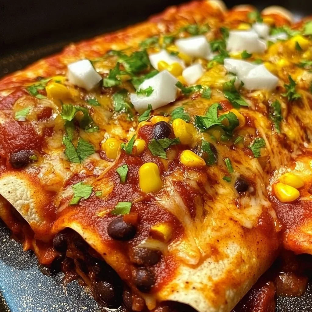Plate of colorful vegetarian black bean enchiladas topped with fresh herbs and sauce.