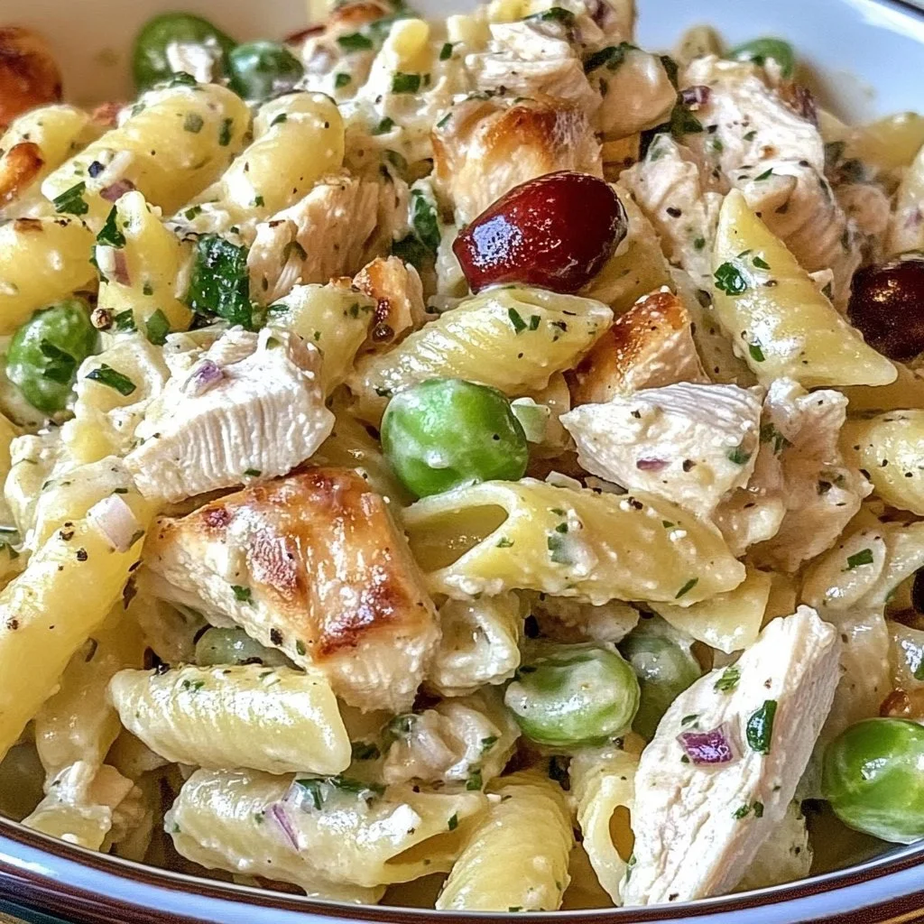 Bowl of Waldorf Chicken Pasta Salad with grapes and nuts