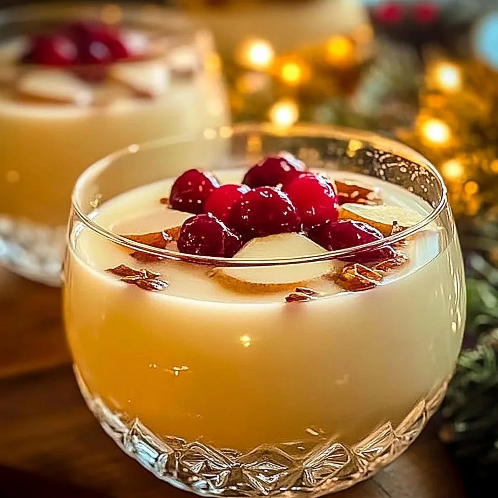 A bowl of White Christmas Punch garnished with fruits and herbs for festive celebrations.