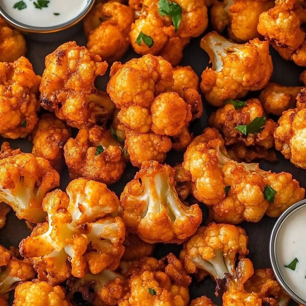 Crispy Air Fryer Buffalo Cauliflower served in a bowl with dipping sauce.