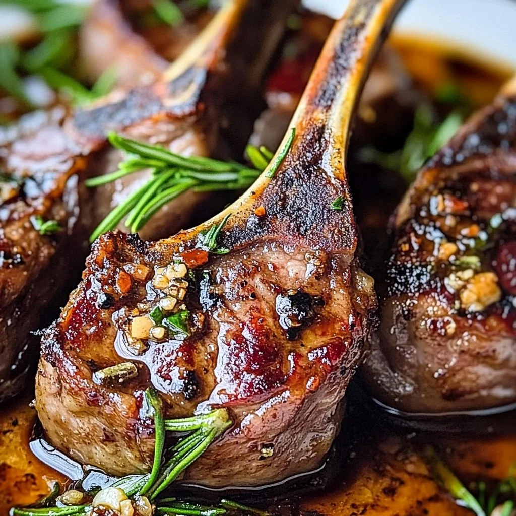 Balsamic garlic lamb chops garnished with herbs on a white plate