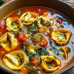 Bowl of delicious veggie tortellini soup garnished with herbs.